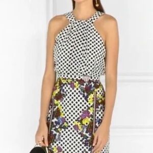 Saloni "Ruby" polka dot halter silk midi dress, black & white floral - Size 4